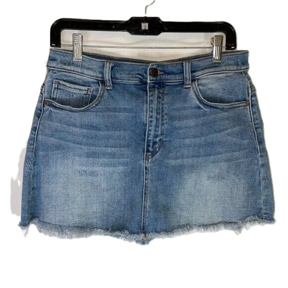 SP Black Label Denim Mini Skirt Size L Raw Hem Faded Distressed Wash Stretch - Picture 1 of 9